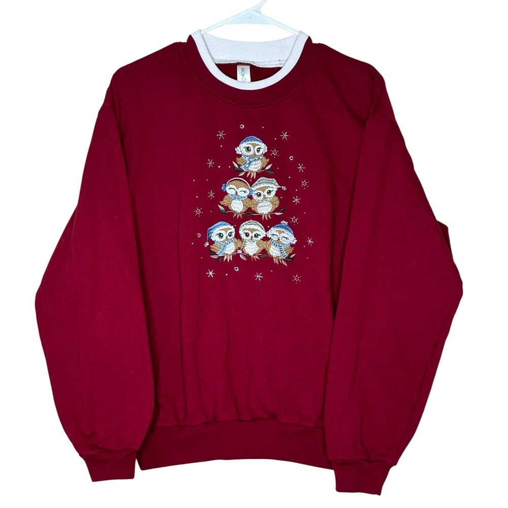 Morning Sun‎ VTG Women's Large maroon Christmas Owls Crewneck Sweatshirt Holiday
